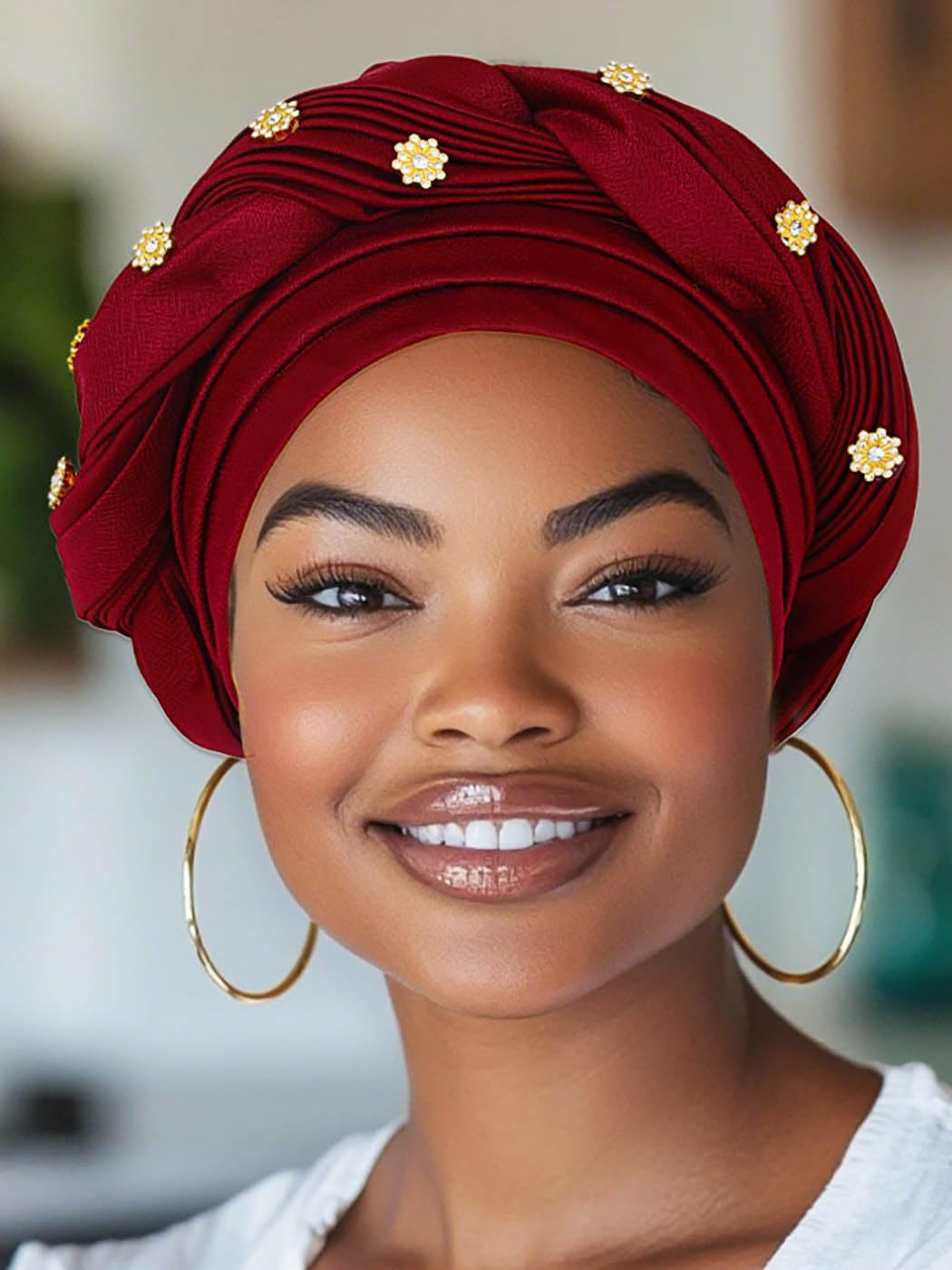 Woeoe Women African Turban Pre-Tied Twisted Beanie Cap Headwear Rhinestone Soft Stretchy Head Turbans - Image 2