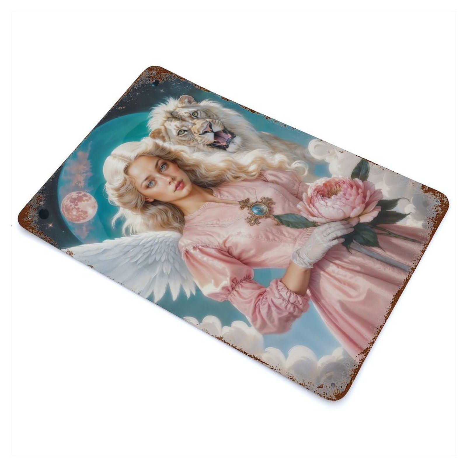 Garage Style Archangel Ariel with Lion And Peony Rustic Tin Plaque 11.8"x7.9", Classic Wall Plaque for Bar And Workshop