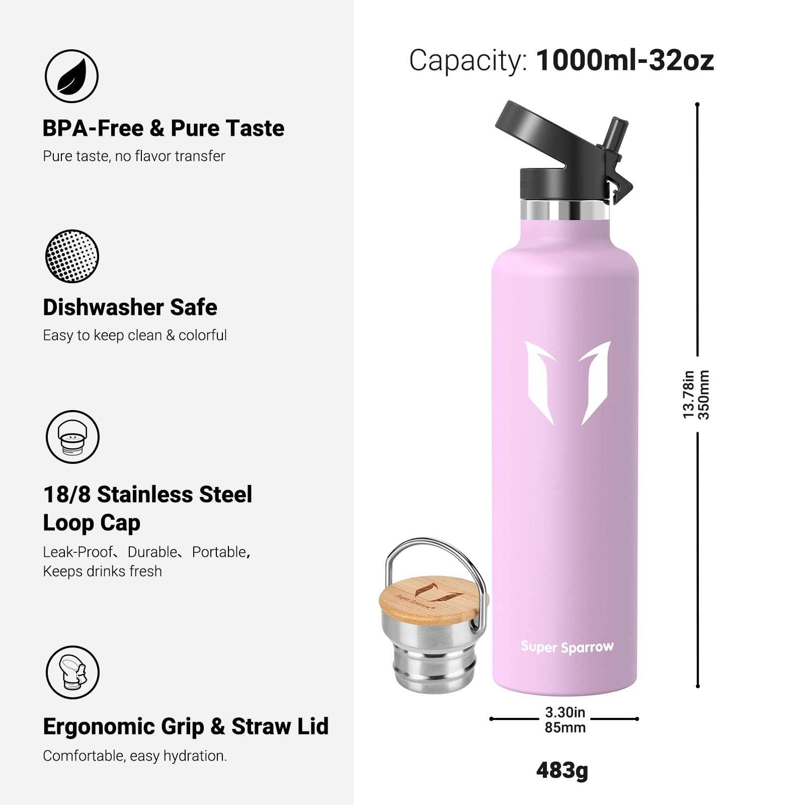 Super Sparrow Borraccia Termica - Bottiglia Termica Senza Perdite - 350ml/500ml/620ml/750ml/1L - Senza BPA Borracce Bambini - Per Scuola, Sport, Campeggio, Palestra, Ciclismo - Con 2 Tappi