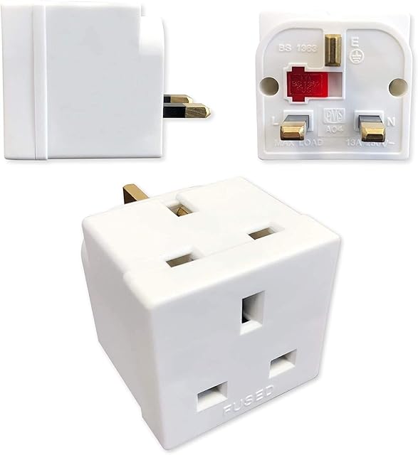 Two Way UK Mains Plug Adapter/Insulated Shrouded Pin / 13 Amp Fused Double Block Socket Splitter / 250V ac 13A - Complies With BS 1362