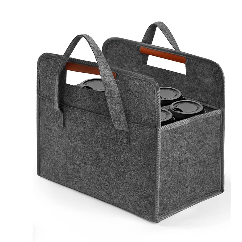 Vjsujehgy 6 Cup Felt Drink Carrier for Delivery, Insulated Reusable Drink Basket with Folding Design and Adjustable Dividers