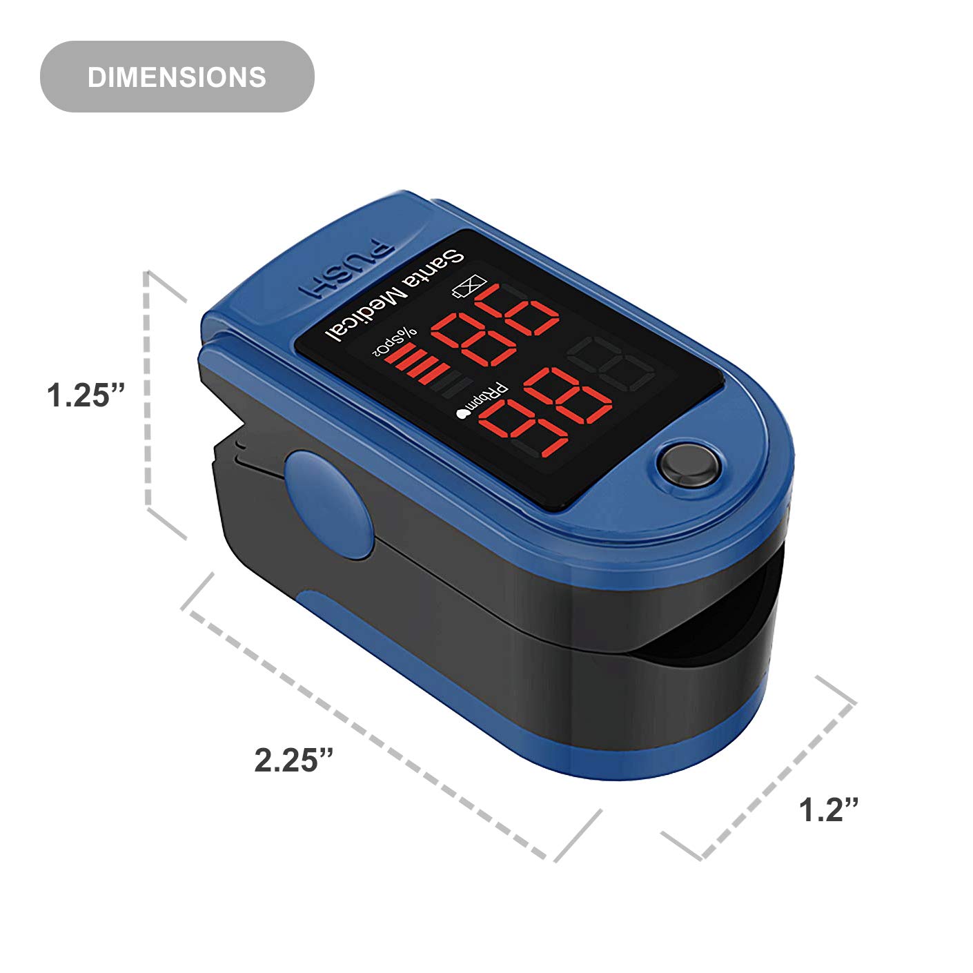 Diagram showing the dimensions of the Santamedical SM-150BL Pulse Oximeter: 2.25 inches long, 1.25 inches high, and 1.2 inches wide.