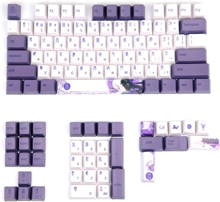 Tang Dynasty Keycap PBT 104 Key Caps 6.25X Space 113 pcs OEM Profile Keycaps for Cherry MX Key Caps Top Print for 61/87/104 MX Switches Mechanical & Optical Gaming (Purple-White)