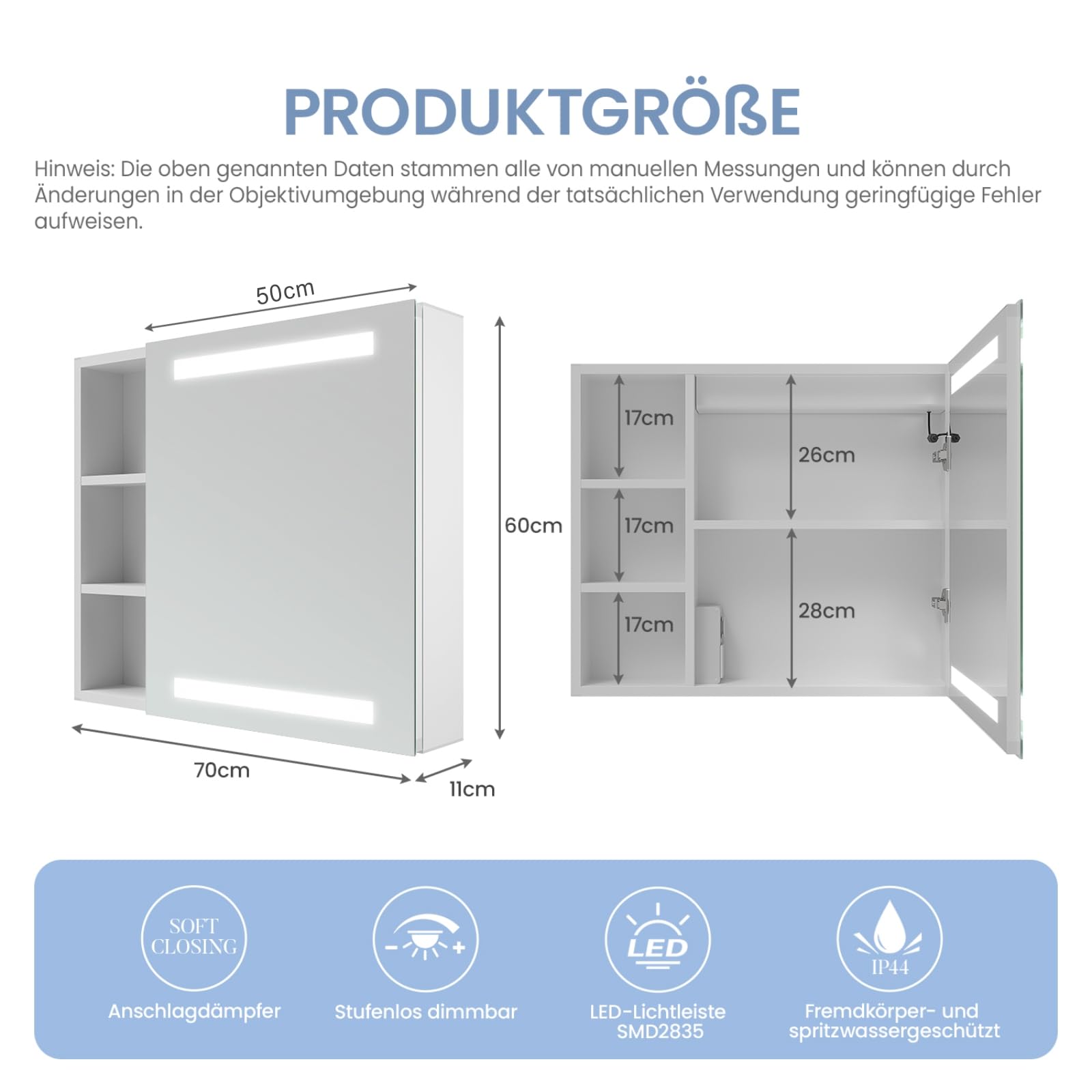 AQUABATOS Spiegelschrank Bad mit Beleuchtung und Steckdose 70 cm breit 60 cm höhe Aluminium Schrank Badspiegel rechts offenen Fächern Links LED Badschrank Infrarot Sensor Antibeschlag dimmbar