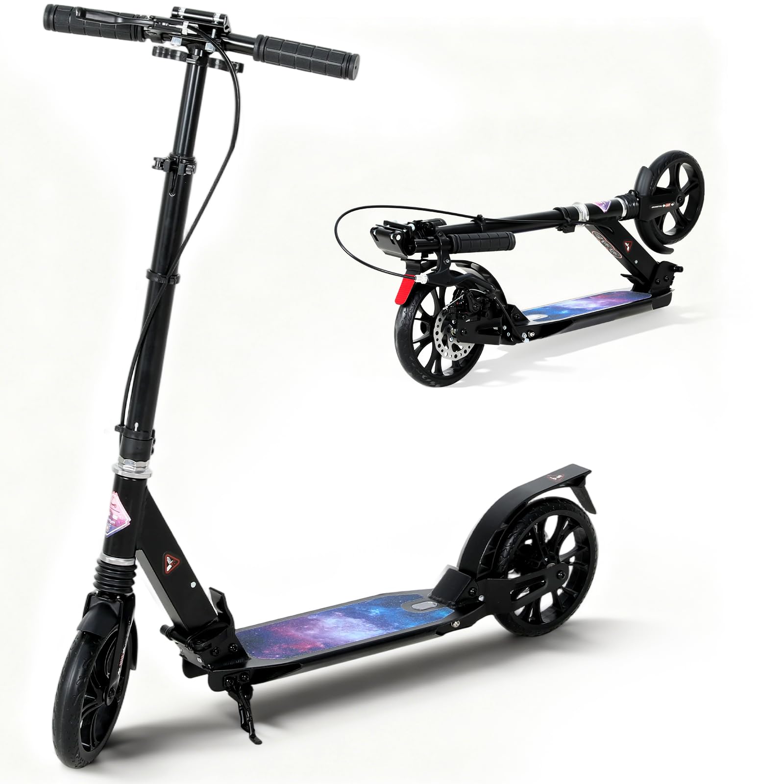 ISE Folding Scooters with Adjustable Handlebars 93-107 cm, Kick Scooter with 2 Large 200 mm Wheels and Hand Brake & Rear Mudguard, for Children, Adults and Teens, Max 100 kg, SY-SC002