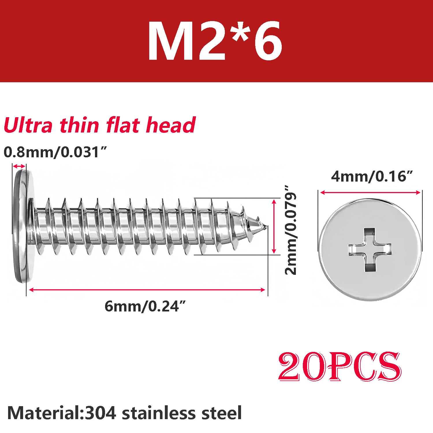 Ctyjia M2 x 6mm Phillips Flat Head Self-Tapping Screws, Thin Flat Head, 304 Stainless Steel - Image 2