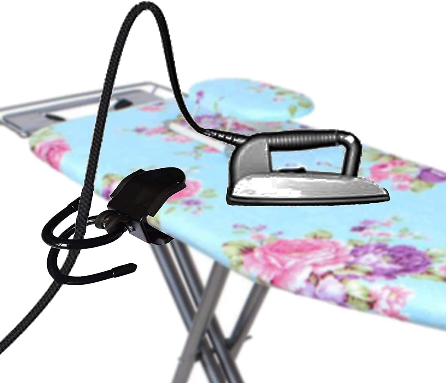 Steam Iron Cord Holder Cord Minder - Prevents ironing or tripping over the cord/Prevents tangling of the cord while ironing - Easily fits all standard ironing boards - No Irons, No Ironing board