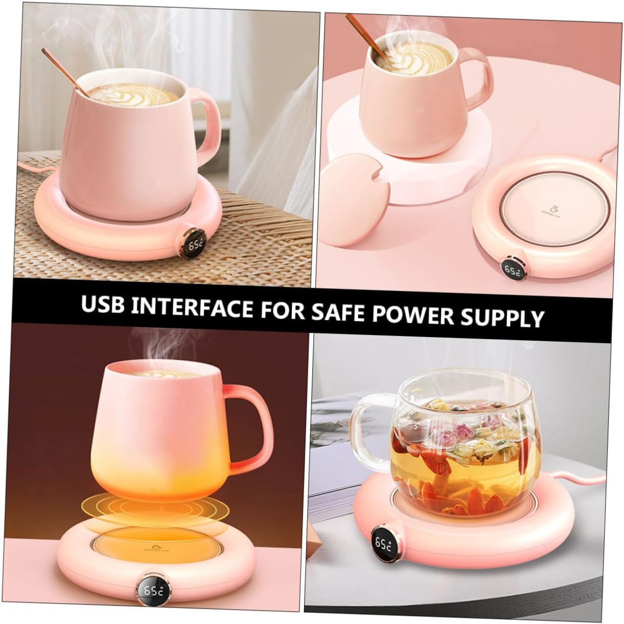 USB Charging Mug Warmer Level Temperature Display Automatic Shutoff Heating Coaster for Coffee Tea Milk Portable Pink Cup Warmer for Desk and Home Use