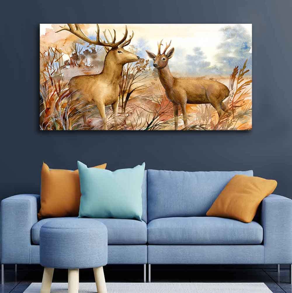 VIBECRAFTS Canvas Paintings for Living Room Drawing Room Pair Of Deer In The Forest Canvas Wall Painting Fitted With Wooden Frame For Home | Office | Living Room | Gift (PTVCH_2461)