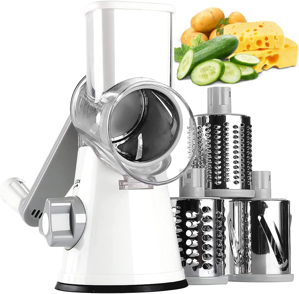 KEOUKE Rotary Cheese Grater with Handle – 3 Changeable Blades for Cheese, Vegetables, Nuts – White KEOUKE Rotary Cheese Grater with Handle – 3 Changeable Blades for Cheese, Vegetables, Nuts – White