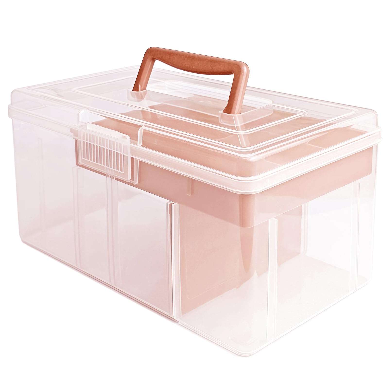 AlGuirnex Clear Craft Storage Box with Lid 29x16x14.5cm Plastic Press-Lock Removable Dividers Portable Organiser Box with Handles for Crafts, Toys, Stationery, Home Organisation (Pink)