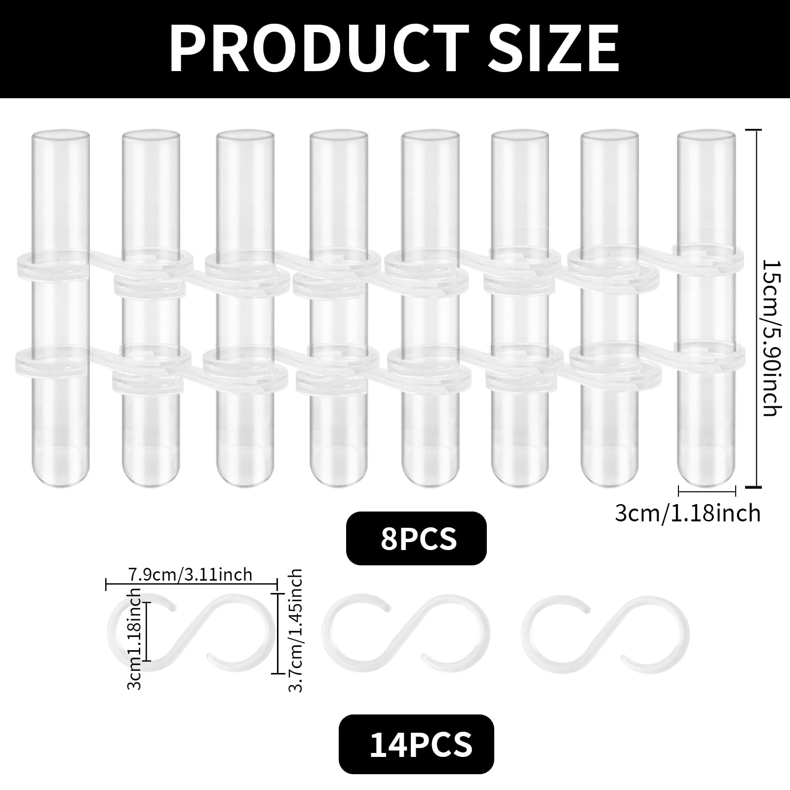 8 szt. Probówka do kwiatów na zawiasach ze szkła z 14 plastikowymi haczykami, przezroczyste wazony na zawiasach rurki kwiatowe do hydroponicznych kwiatów, dekoracja, 15 x 3 cm