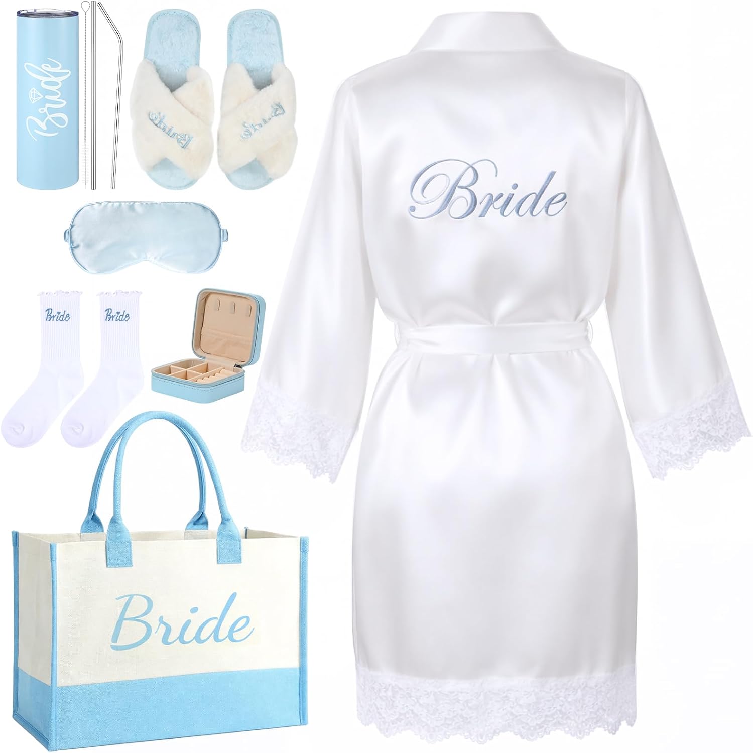 Patelai 7pcs Something Blue Bridal Shower Box Gift Bride to Be Wedding Gift Sets for Women with Bridal Robes Bride Bag Slippers Socks Tumbler Eye Mask Jewelry Box for Bachelorette Wedding