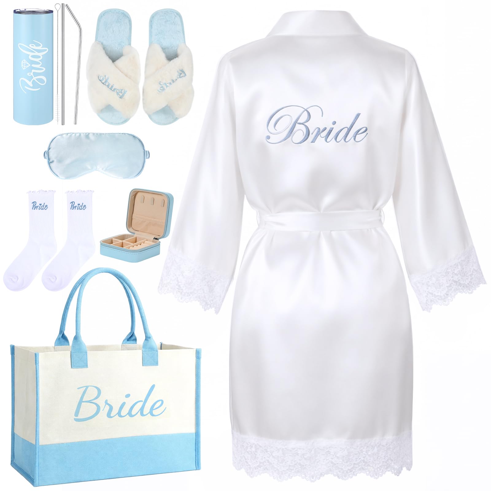 Patelai 7pcs Something Blue Bridal Shower Box Gift Bride to Be Wedding Gift Sets for Women with Robes Bag Slippers Socks-image-19
