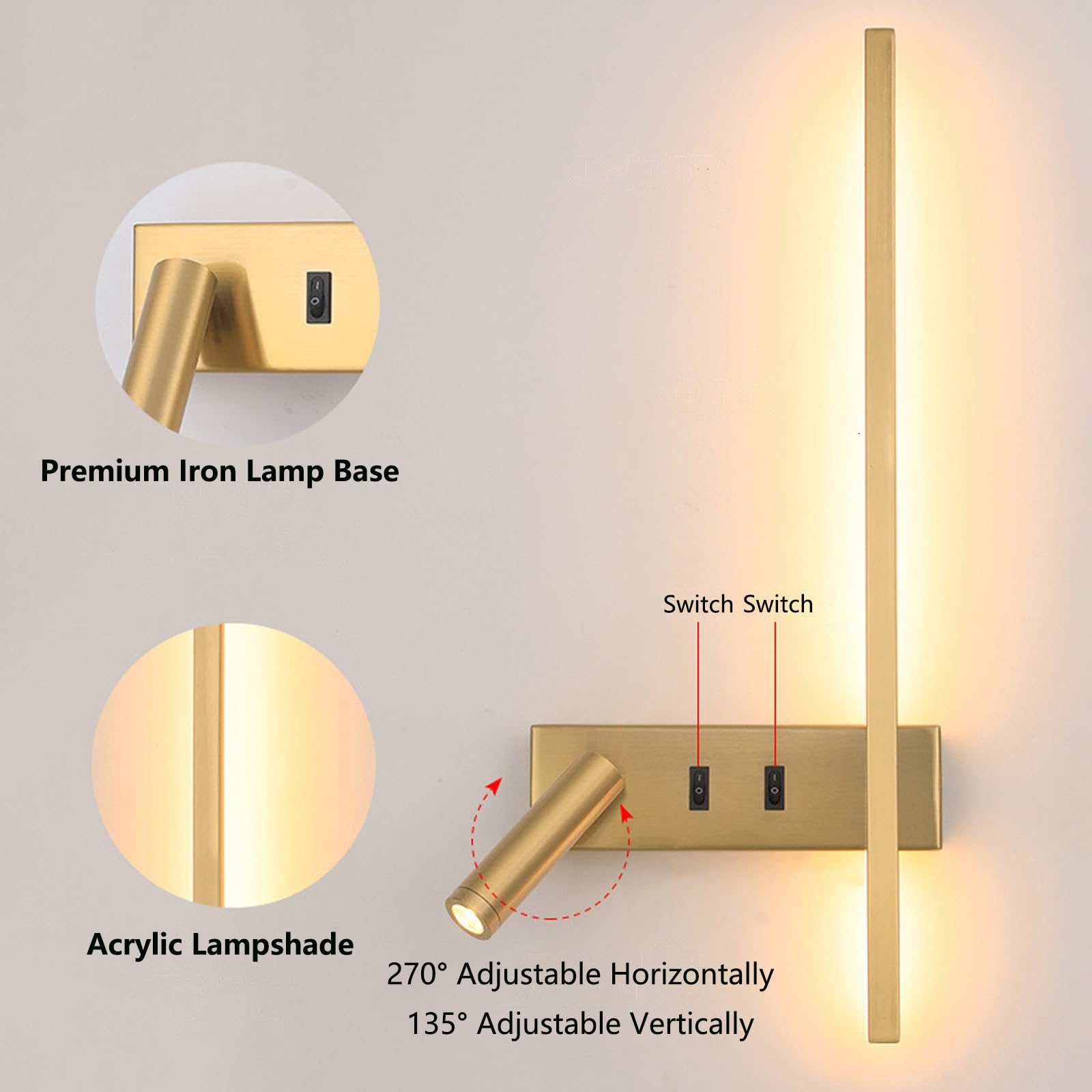 Wandlampe LED Innen Moderne Dekorative Wandleuchte 270°+135° Drehbare Wandbeleuchtung mit 2 Schalter Wandleuchten Lange Acryl für Wohnzimmer Korridor Treppen (Schwarz – Rechts,Warmes Licht)