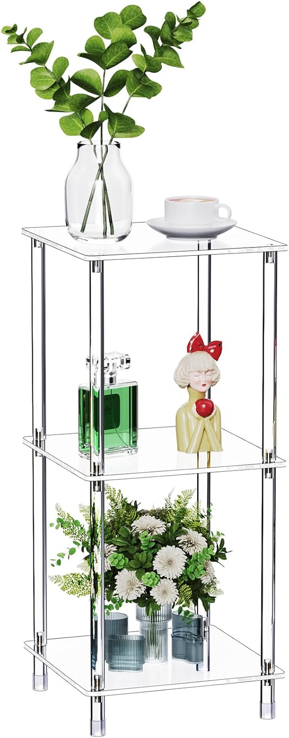 Clear Acrylic Side Table, 11.81" L x 11.81" W x 50.7" H, 5-Tier Square Corner Shelf End Table for Living Room, Small Modern Bedside Tables Nightstand for Bedroom, Home Decor Accent Table