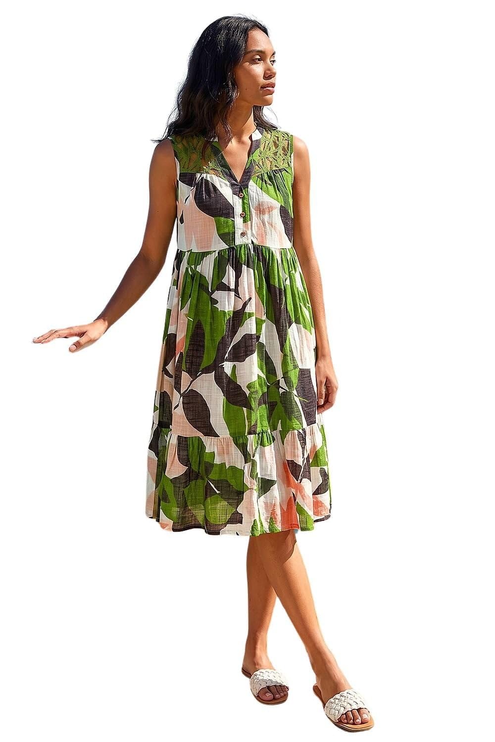 Roman Women's Green Leaf Print Tiered Smock Midi Dress In Size 14