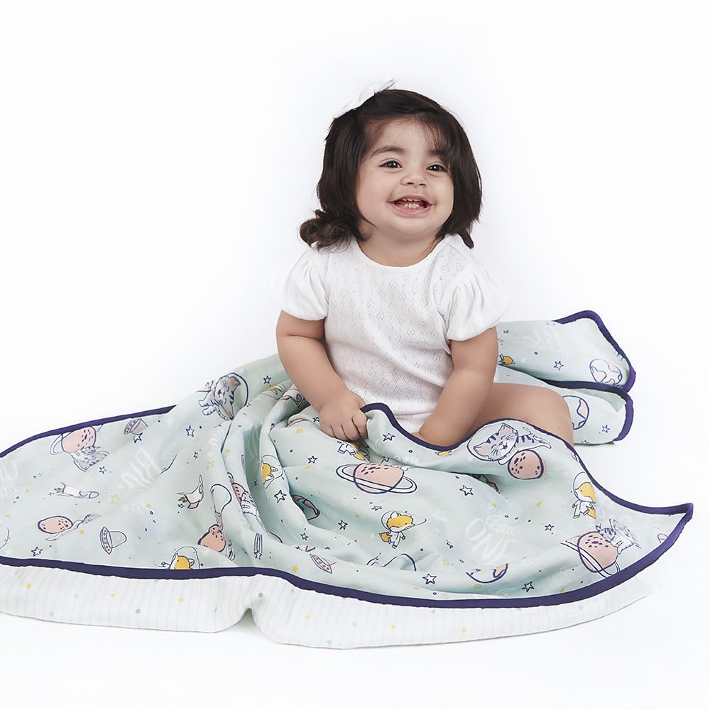 100% Cotton Reversible Muslin Blanket For Newborn Baby Boy And Girl, Triple Layer Blanket 0-2 Years, Size- 120 Cm X 120 Cm (Spacewalk), Blue, 200 TC