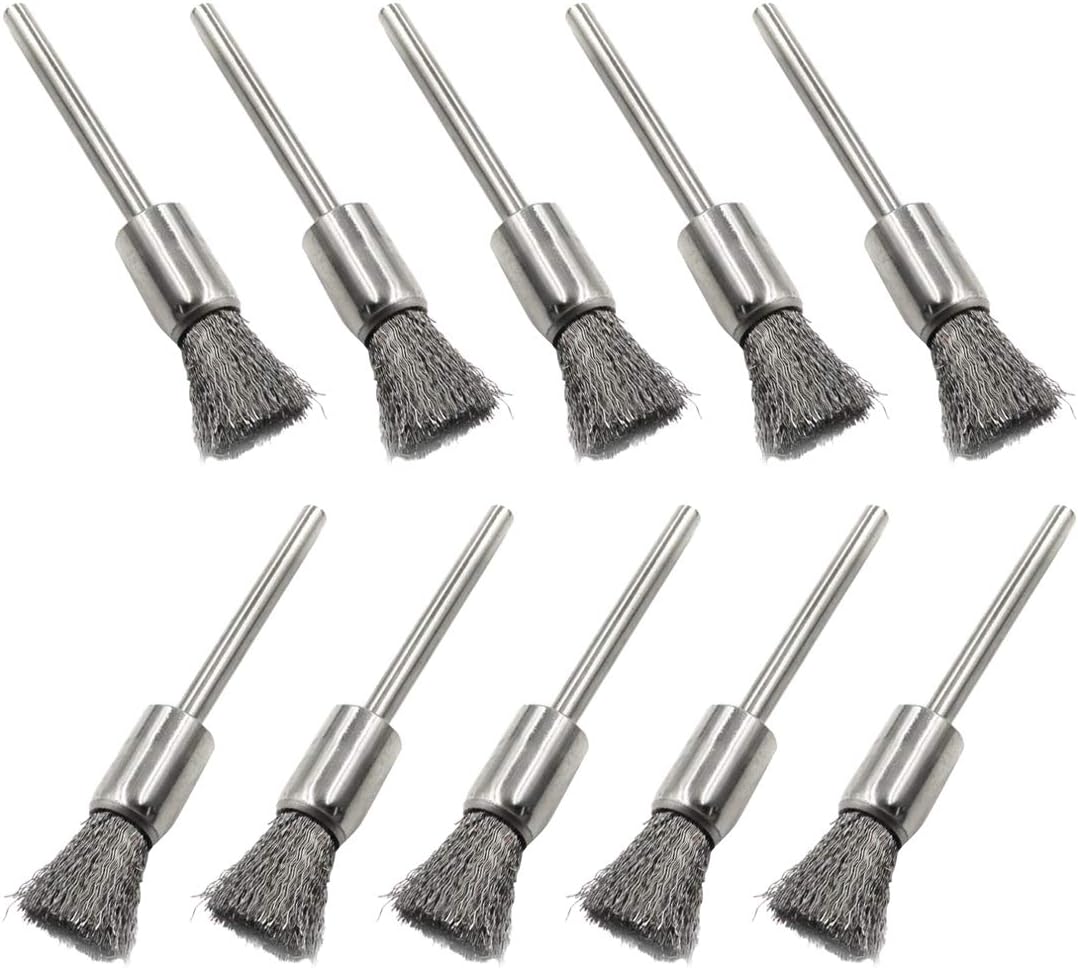 Yoohey Stainless Steel Wire End Brush Pen Shape 1/8 Inch Shank Diameter (8mm end Brush) Pack of 10