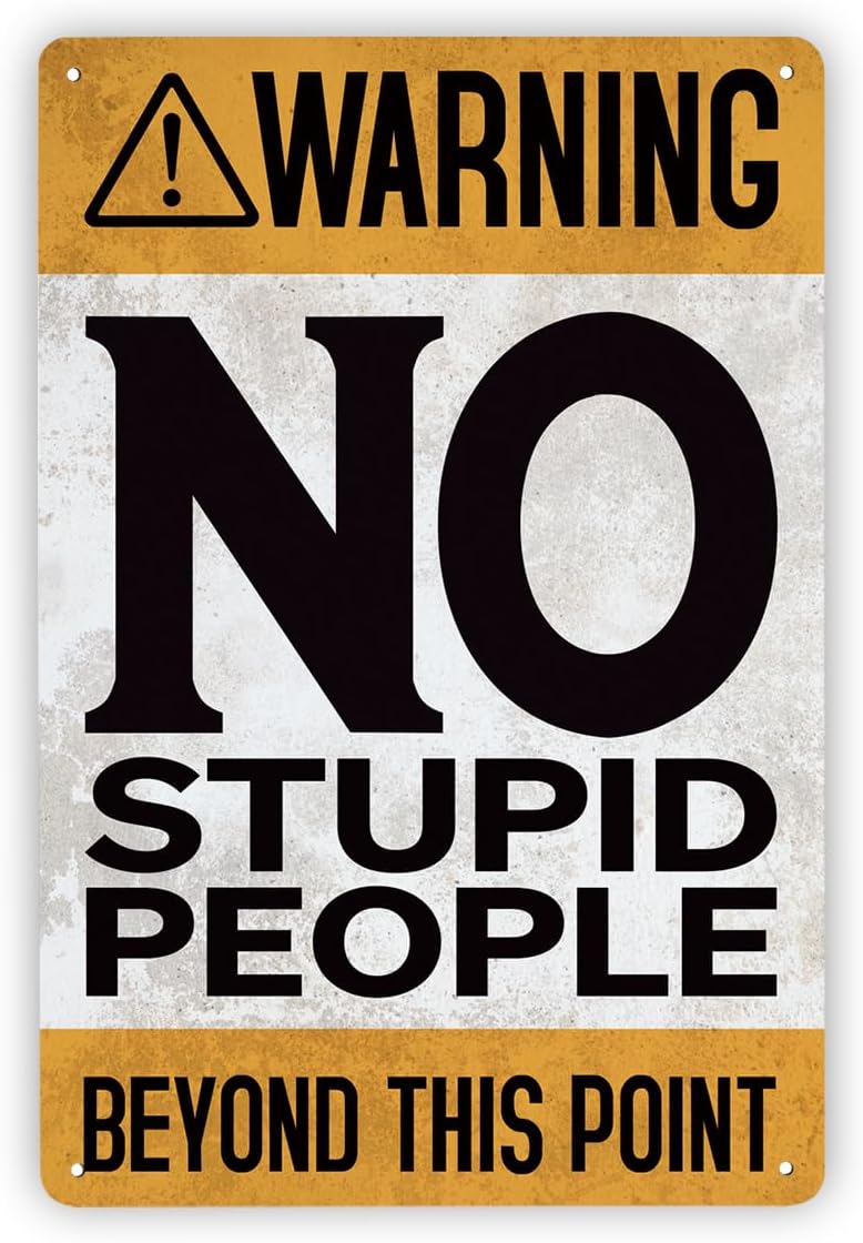 Warning No Stupid People Funny Sign, Vintage Metal Tin Signs, Man Cave Sign, Garage Wall Art, Funny Man Cave Signs, Office Decor, Christmas Gift for Dad, Farmhouse Wall Art, 11.8 * 7.9Inch