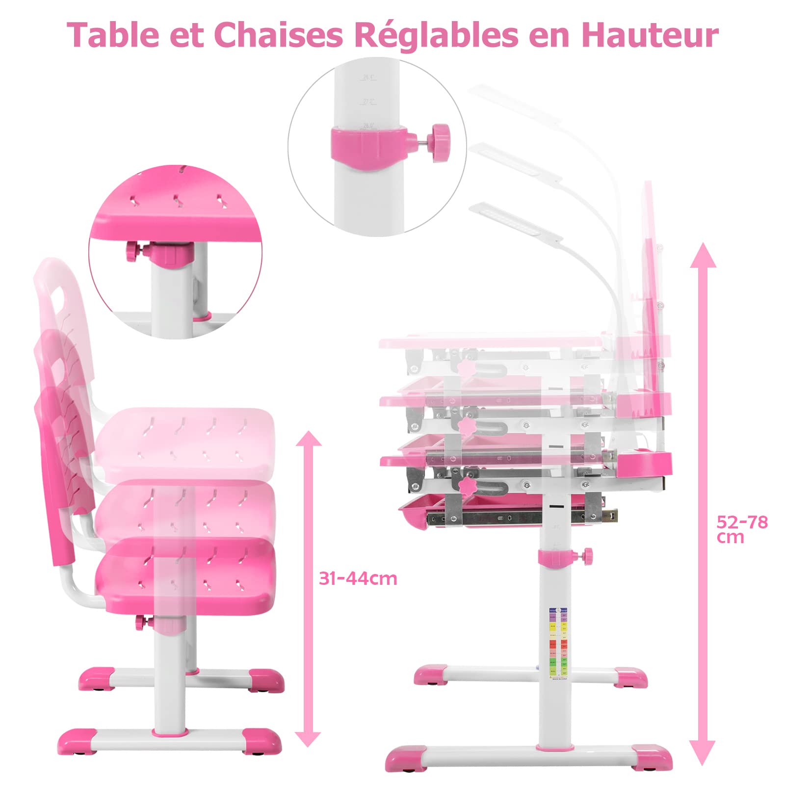 DREAMADE Bureau Enfant avec Tiroir, Support de Lecture et Lampe LED Dimmable, Hauteur et Angle Réglables, Bleu/Rose