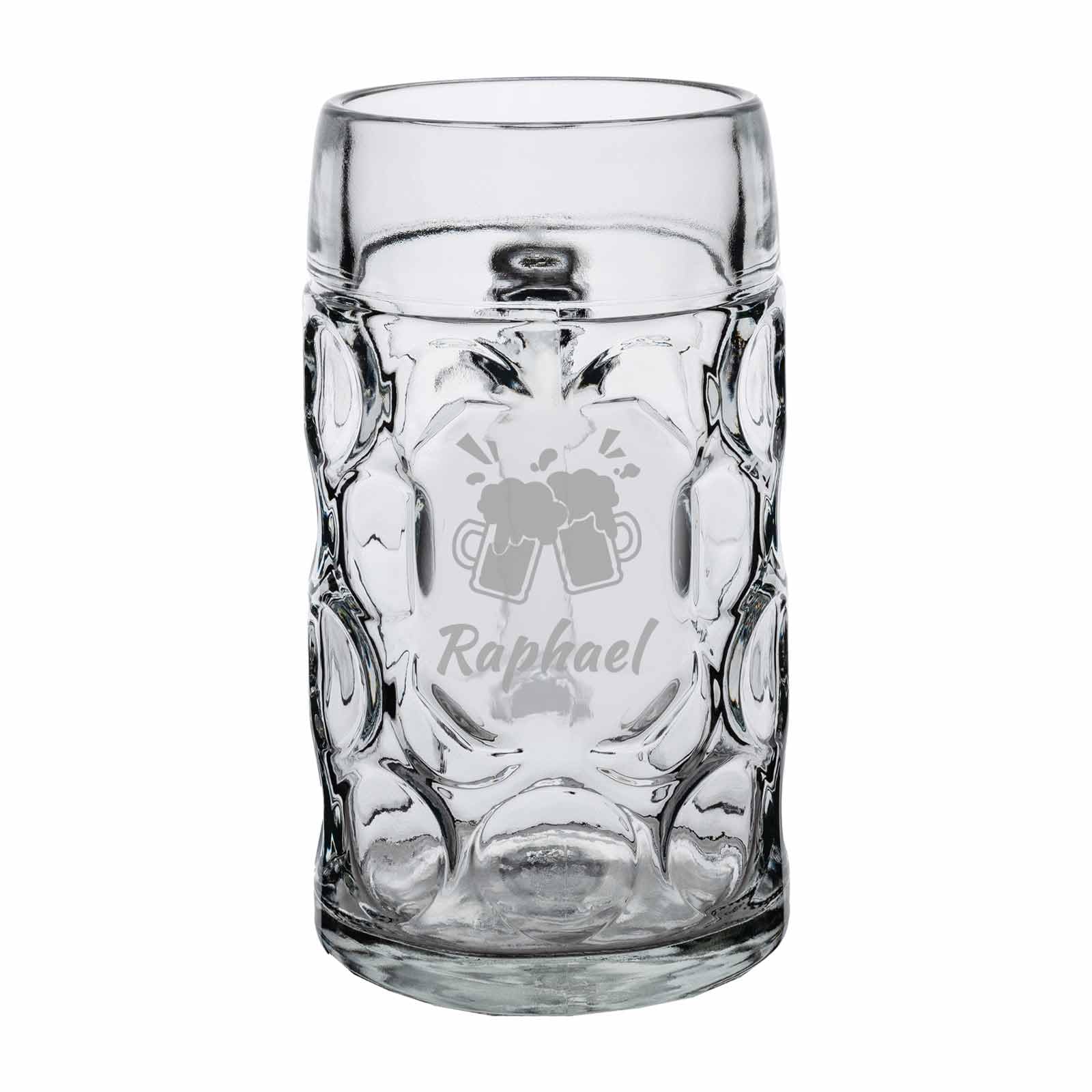 Maßkrug Isar mit Gravur, Henkelkrug mit 1,0 Liter Einschenklinie, Personalisierte Lasergravur mit Name, Geschenk für Bierliebhaber, Anstoßende Bierkrüge