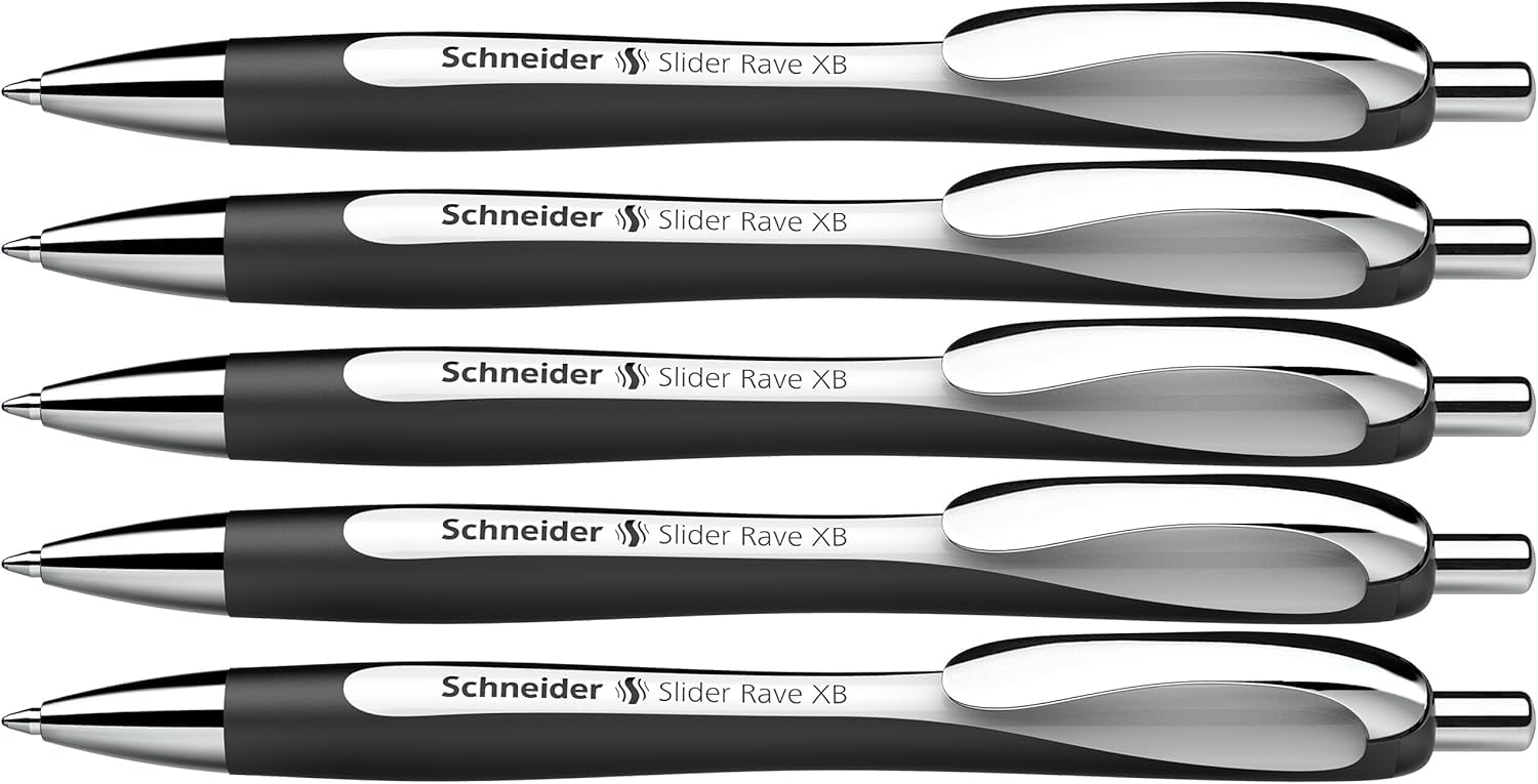 Schneider Slider Rave XB 132549 Ballpoint Pen (Limited Special Edition in White/Black, Made in Germany) Pack of 5, Ink Colour: Blue