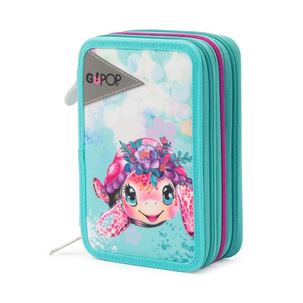Go Pop - Astuccio Triplo Scuola Turtle Bloom Con 3 Zip E 3 Scomparti, Contiene 18 Matite Colorate, 18 Pennarelli e altri Pratici Oggetti per la Scuola,13 l x 19,5 h x 6,5 p