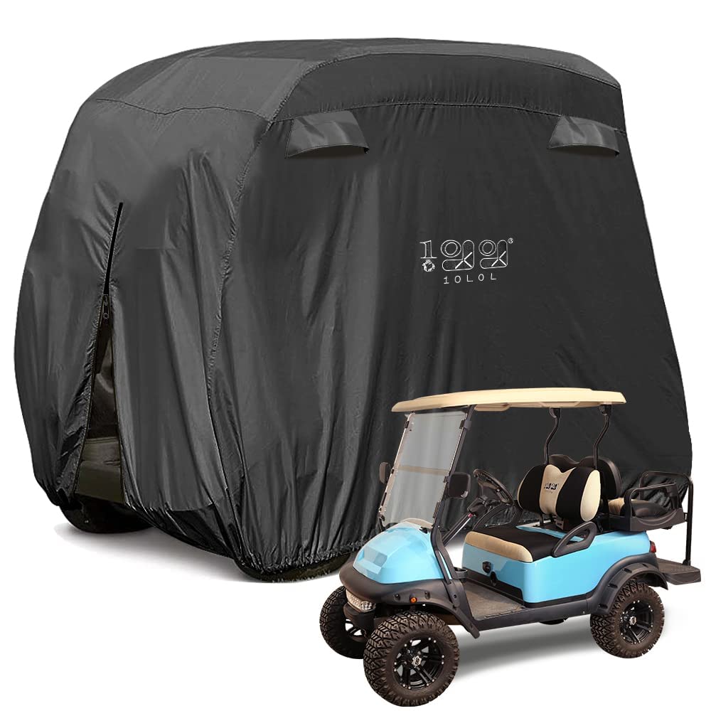 10L0L 4 Passengers Golf Cart Cover Fits EZGO/Club Car/Yamaha, 400D Waterproof Durable Polyester enclosure with 3 Zipper Doors Windproof Sunproof Black …