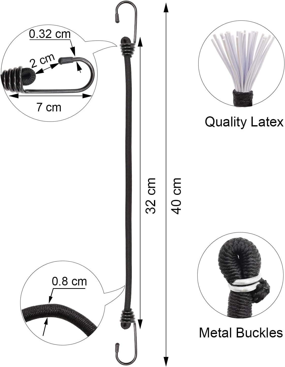 Bungee Cords with Hooks 40cm - 10 Pcs Bungee Cords Heavy Duty Outdoor, Bungee Straps with Hooks for Camping Tarp, Tents, Canopy and Fixings (Black)