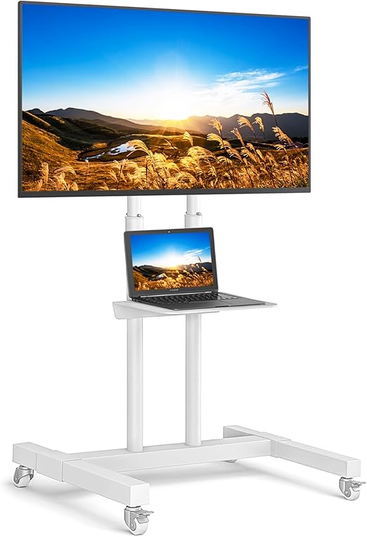 Mobile TV Stand with Wheels for 32-83 Inch LCD LED Curved/Flat Screens TVs up to 110 lbs, Height Adjustable Rolling TV Cart with Shelf, Portable Floor TV Stand, Max VESA 600x400mm, White