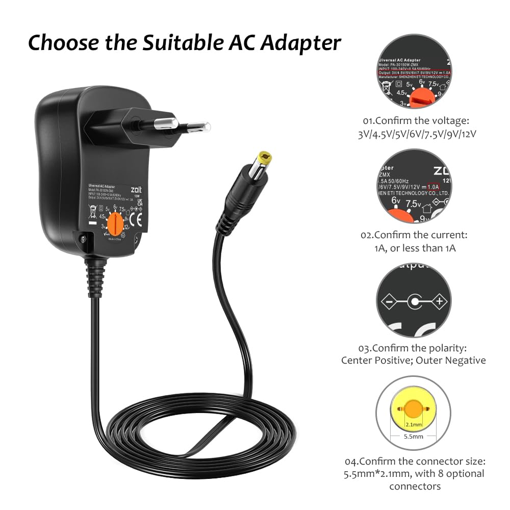 Alimentatore Universale Abakoo 3-12V 1A 12W – Con 8 Connettori DC E Micro USB, Per Lettori, Tablet, Radio, CCTV