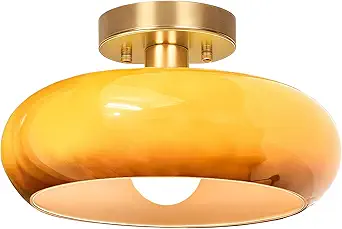 Joylen Semi Flush Mount Ceiling Light,11inch Mid Century Modern Light Fixture,Hallway Lighting Fixture with Burnt Orange Gla*s Shade,Vintage Ceiling Lamp for Kitchen,Porch,Entryway,Closet,Bedroom