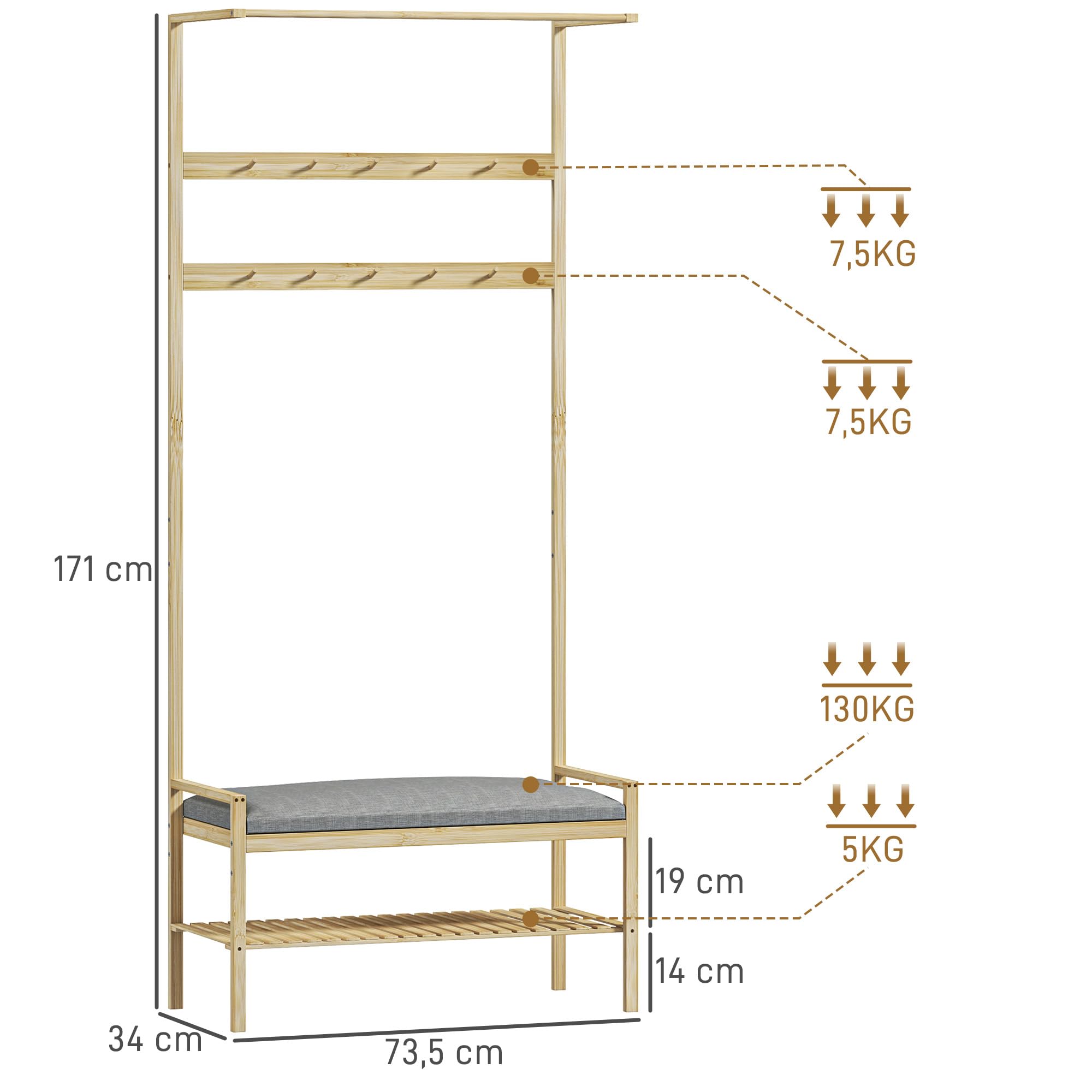 HOMCOM Porte-manteau avec étagère à chaussures en bambou, meuble d'entrée avec banc,10 crochets, tringle à vêtements, coussin rembourré, vestiaire pour entrée, couloir, salon, 73,5x34x171 cm, naturel