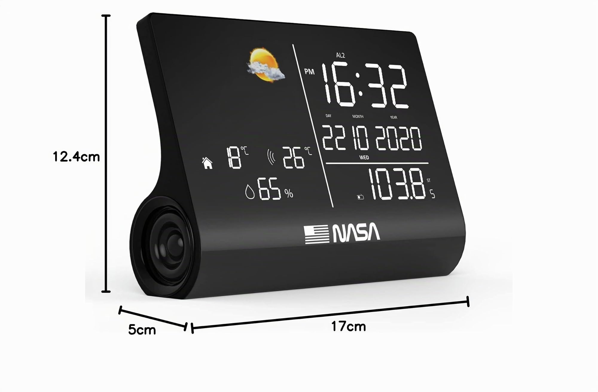 NASA WSP1300 - Stazione meteorologica interna - Altoparlante Bluetooth, Display LED da 6,4", Sensore wireless per esterni Temperaturae e Umidità, Radio FM, Sveglia, Calendario - Nero