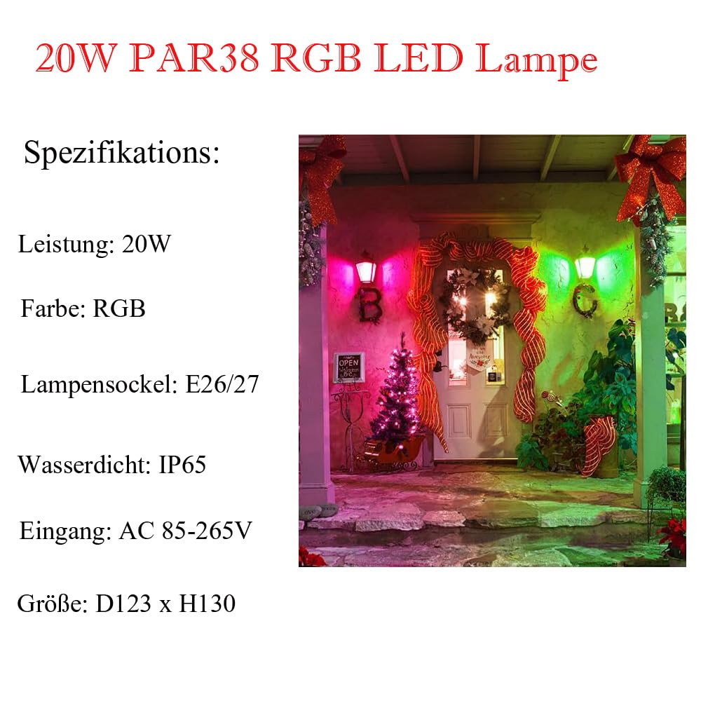 Y.W.Licht PAR38 LED lamp 20W RGB E27 Dimmable Waterproof IP65 Spotlight Aluminium Bulb Colour Change Lighting 120° Beam Angle for Indoor/Outdoor use(1 piece) - Image 3