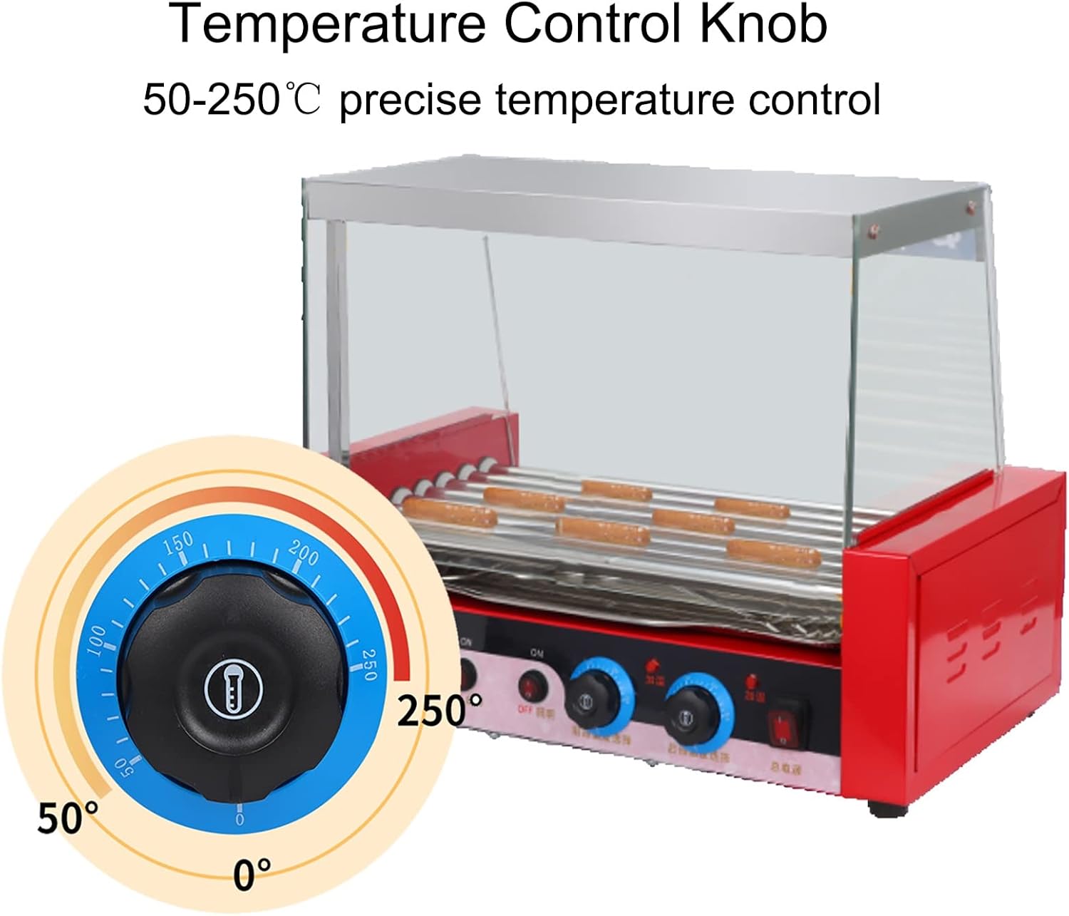 Hot Dog Roller Machine, Sausage Grill Cooker Machine 24 Hot Dog 7 Roller Grill Cooker Machine with Removable Stainless Steel Drip Tray and Glass Hood Cover, LED Lights, 1080W (Size : Without Door)