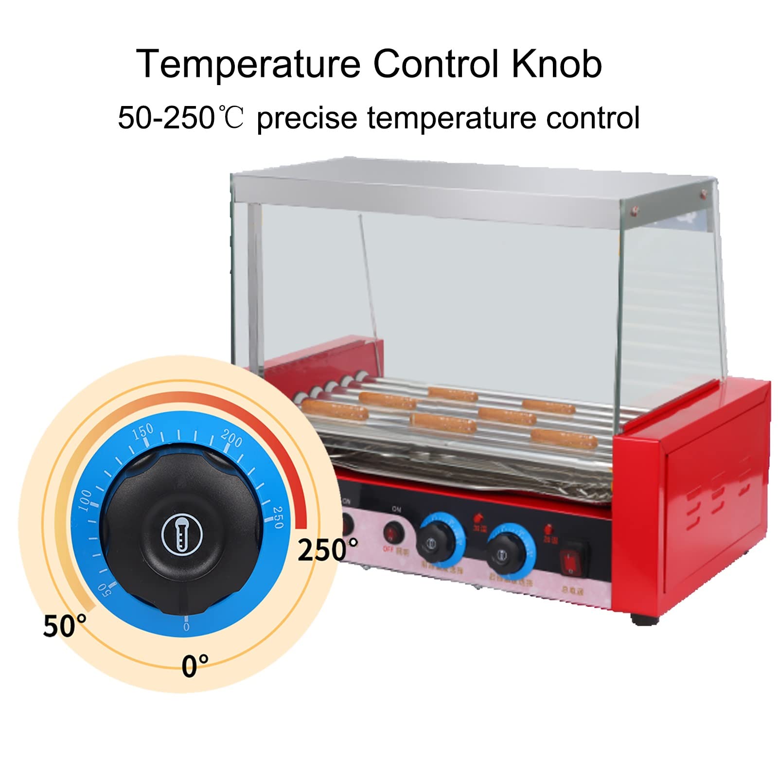 Hot Dog Roller Machine, Sausage Grill Cooker Machine 24 Hot Dog 7 Roller Grill Cooker Machine con bandeja de goteo de acero inoxidable extraíble y cubierta de campana de vidrio, luces LED, 1080W (Si