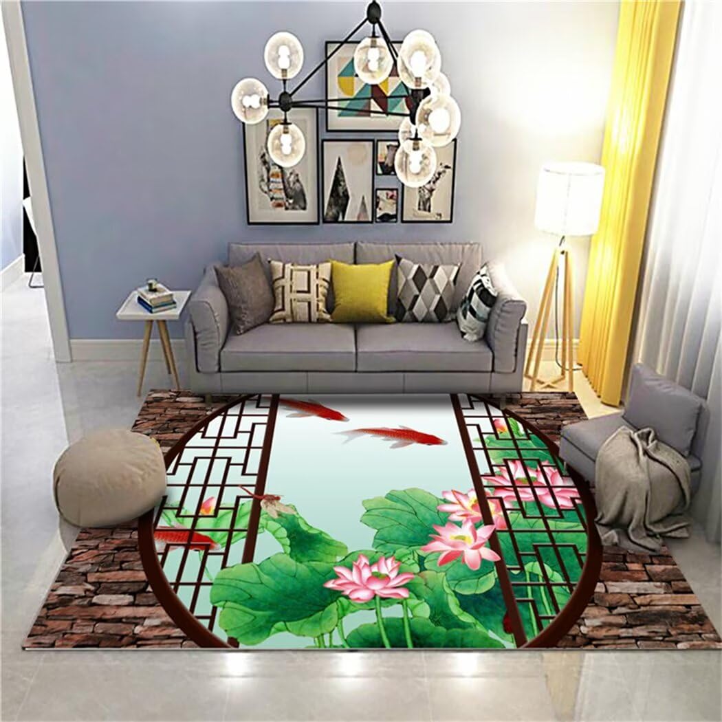 Grand tapis de salon vert 200x200cm doux motif lotus rose chambre