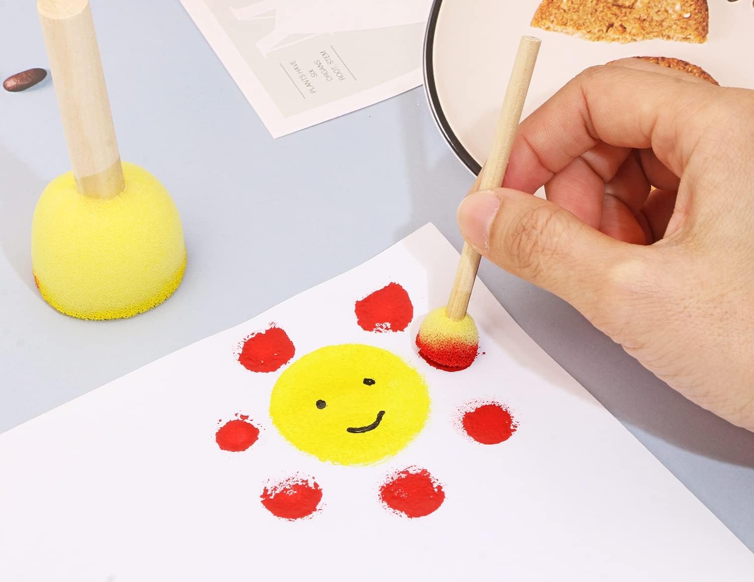 Foam Sponge Brushes Set Penta Angel 8Pcs Multi Size Round Painting Sponges Tools with Wood Handle for Acrylic Stains Watercolor Varnishes and Crafts DIY(Mixed Size, Yellow)