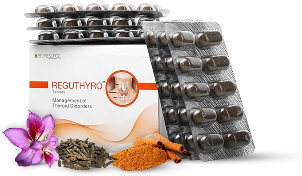 Bio Resurge ReguThyro Thyroid Care Supplement – Herbal & Natural Thyroid Support Formula with Karanj, Guggul, Amla, Shatavari – Supports T3/T4 Balance & Metabolism (60 Tablets)