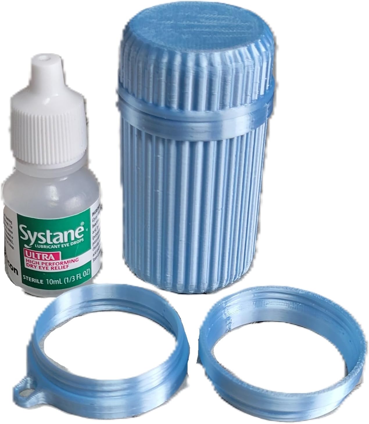Znet3D Eye Drop Bottle Travel Capsule – Single Bottle Holder with Screw‑On Lid, Height Extender & Keychain Spacer – Compact Protective Case – Made in USA (Baby Blue)