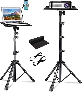 Projector Tripod Stand, Laptop Adjustable Height 23 to 63 Inch, Portable Stand for Outdoor Movies, Computer DJ Racks Mount Holder with Gooseneck Phone Holder, Apply Stage or Studio