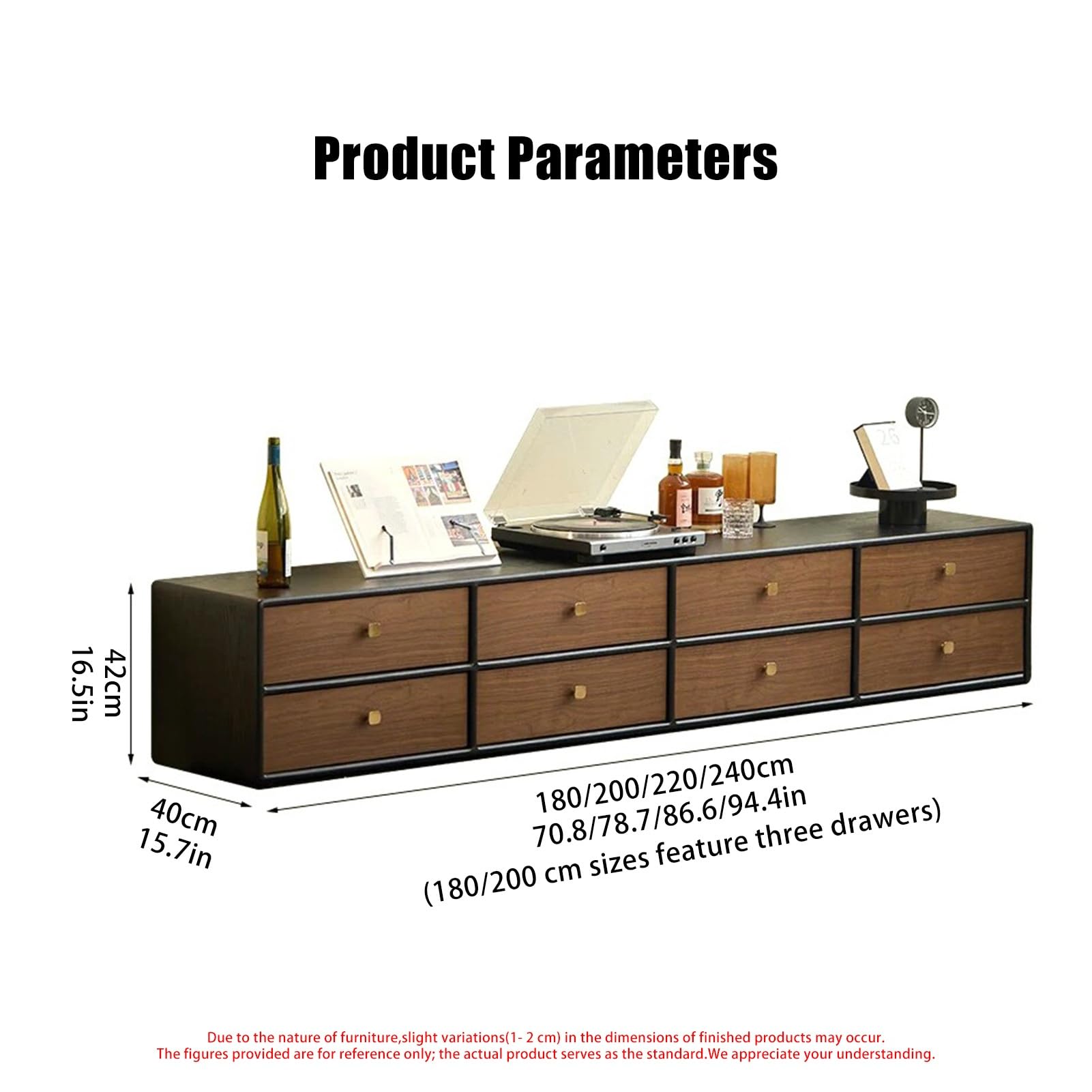 Mobile TV Legno Noce Nero Console Multimediale Maniglia Metallo Dorato | Centro Intrattenimento in Legno con Contenitore, Comodino Vintage in Legno Massello con Cassetto(180CM/70.8IN)