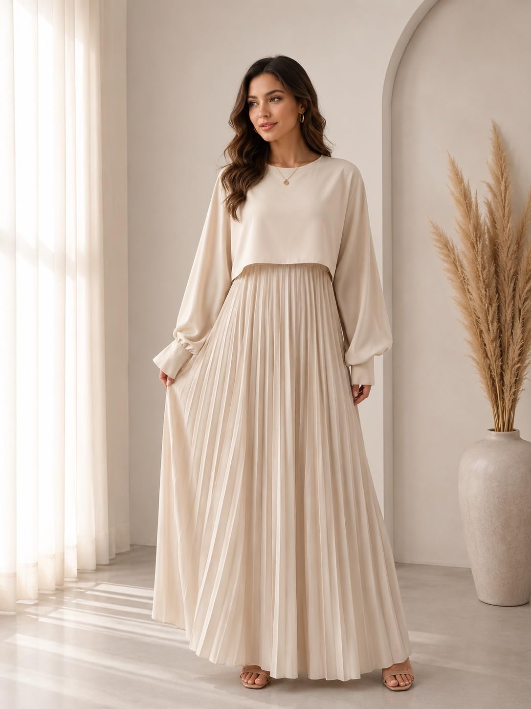 61FobvpmHML._SL1448_ LITZO Women’s One Piece Dress - Georgette Solid Color Western Gown | Long Sleeve Round Neck Fit & Flare Flared Hem Design | A-Line Maxi Dress for Women | New Year Party Outfit (NO-17-18)