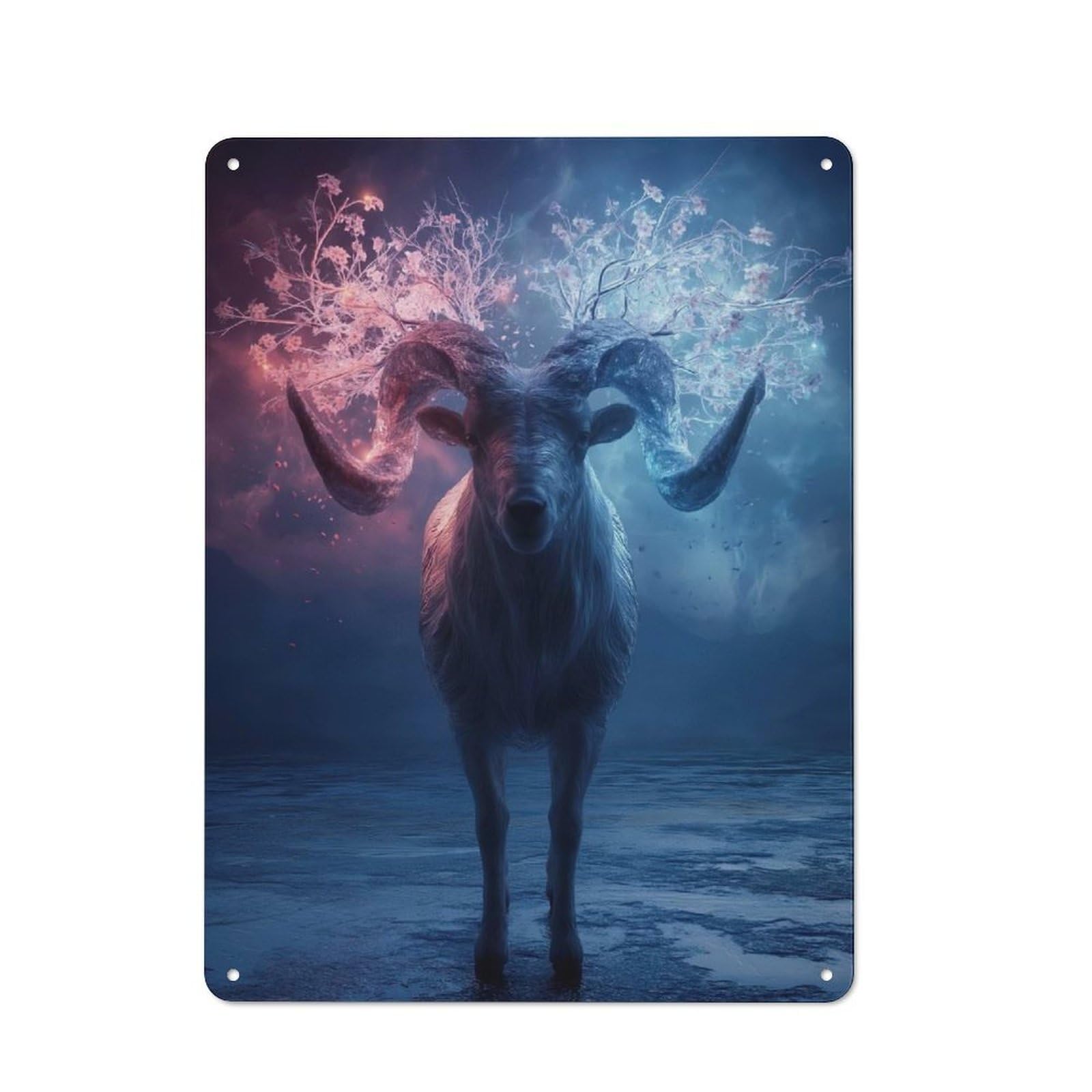 Loft Style Fantasy Ram with Floral Antlers Decorative Metal Plaque 40x30cm, Studio Wall Art for Workspace, Cafe, Hallway Or Garage