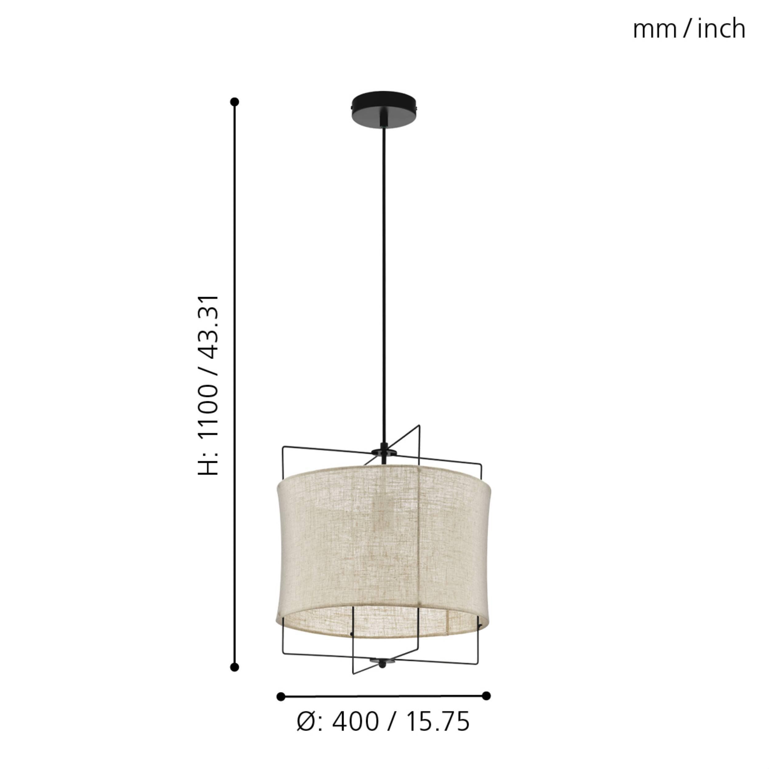 EGLO lampa wisząca Bridekirk, 1-płomienna, vintage, naturalna, boho, hygge | stal czarna, tkanina naturalna, do jadalni i salonu, E27, Ø 40 cm