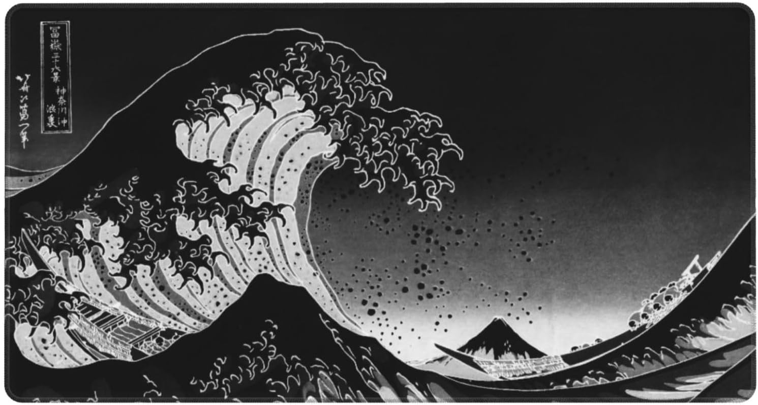 MTG Playmat Black Gray Great Wave TCG Play Mat Original Hand-Painted Design Stitched Edges Smooth Cloth Surface Non-Slip Rubber Base for Trading Card Games Board Games 23.5x13.8in