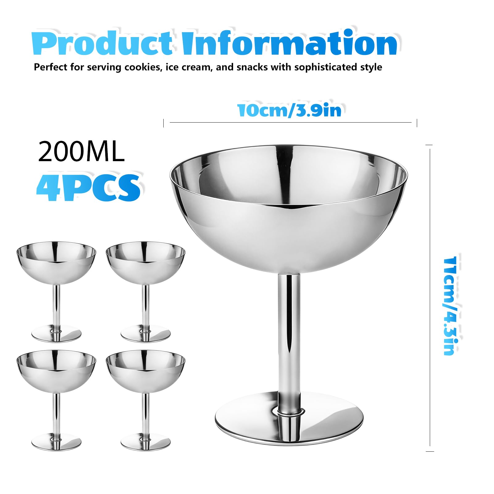 4 Pezzi Coppette Gelato in Acciaio Inox 200 ml, Ciotole per Dessert con Piede Ø 10 cm, Riutilizzabili per Gelato, Yogurt, Budino, Macedonia e Dolci - Argento