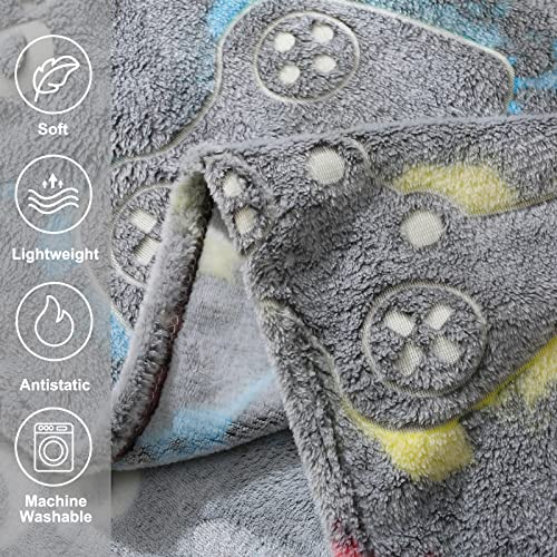 Gamer Throw Blanket Glow In The Dark, Gaming Controller Fleece Boys Blanket Game Gifts For Teens Boys Men, Wrinkle-Resistant Luminous Blankets Birthday Gifts For 2-10 Year Old, Grey Blue And Green #TOP3